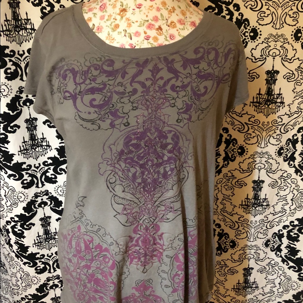 Grey T-Shirt with Purple Scroll Designs
